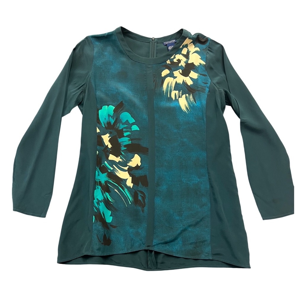 Doncaster Collection Blouse Top 8 Teal Silk Floral Print Long Sleeve Zipper Back